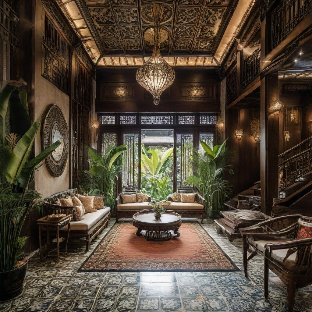 Create an image of an opulent Indochina resort showcasing an awe-inspiring interior design. The scene captures a spacious, open-concept lobby with high ceilings, adorned with intricate wood carvings and traditional silk fabrics. The lighting is soft and warm, highlighting the luxurious textures and vibrant colors of the decor. The composition includes elegant furniture pieces, lush tropical plants, and a grand chandelier. The overall atmosphere exudes a blend of modern luxury and traditional Indochinese charm, inviting viewers to experience the resort's captivating ambiance.