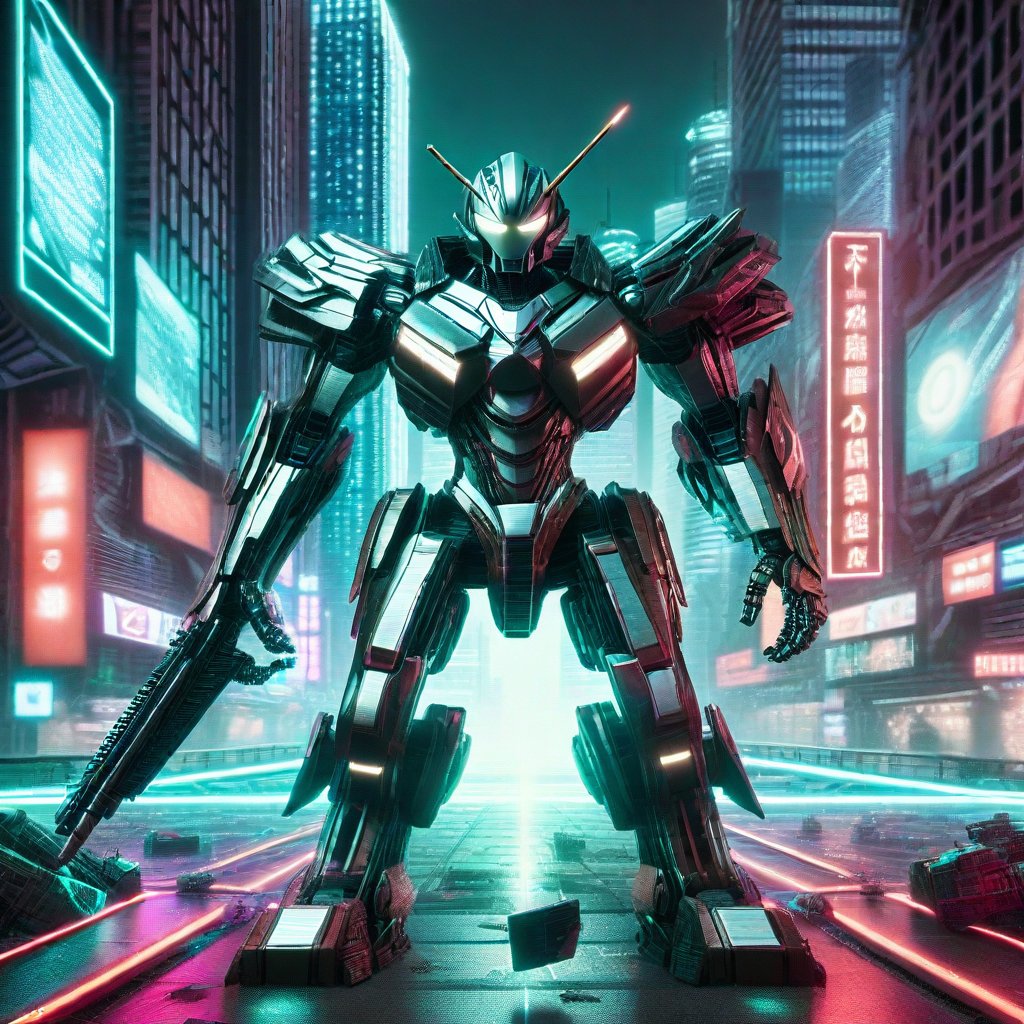 A dynamic scene of a robot warrior in mid-combat, its metallic limbs gleaming under the neon lights of a futuristic city street. The background features towering skyscrapers with holographic advertisements, and the ground is littered with debris from a recent battle. The robot is in a defensive stance, one arm raised to block an incoming attack, the other poised to strike. The lighting is dramatic, casting sharp shadows and highlighting the intricate details of the robot's armor. The composition is centered on the action, with the cityscape providing a high-tech, chaotic backdrop.