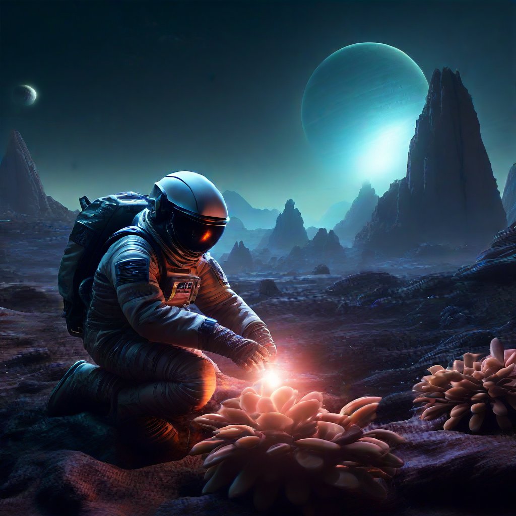 A tense sci-fi scene featuring a lone astronaut exploring an alien planet. The astronaut is equipped with a high-tech suit and helmet, illuminated by the eerie glow of their suit lights. The alien landscape is stark and otherworldly, with jagged rock formations and a distant, surreal horizon. The astronaut is crouched, examining a strange, bioluminescent plant, their pose conveying a mix of curiosity and caution. The lighting is ambient, with a muted, atmospheric hue that enhances the alien feel of the environment. The composition captures the vastness of the alien world, emphasizing the astronaut's isolation and the unknown dangers that lurk in the shadows.