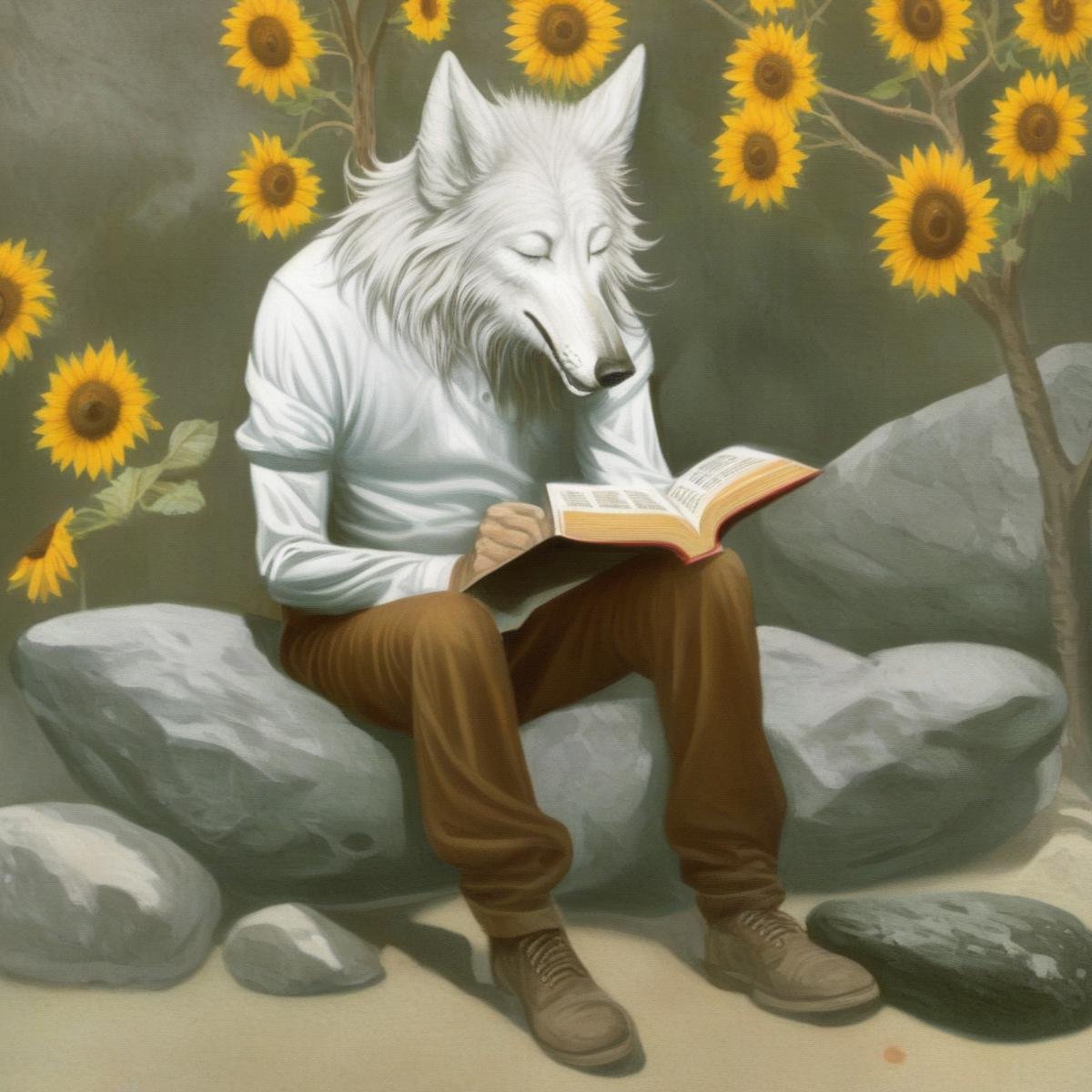 cabsantos, pants, wolf, painting (medium), sunflower, rock, white hair, in tree, sleeping, brown pants, reading