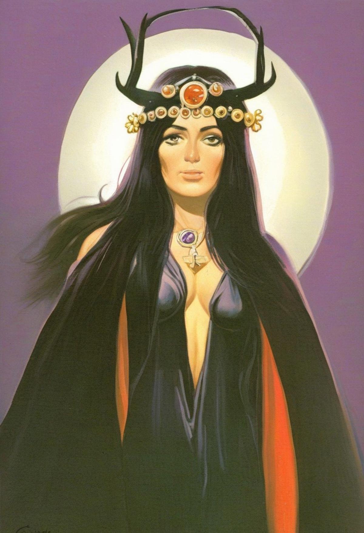 score_9_up, score_8_up, score_7_up, cabsantos, a nude woman with long black hair and a white halo on her head wearing a purple cape, and a necklace with a large silver pendant. her left arm is raised to her head, and she's holding her right hand to her head. the background features a demon with horns.