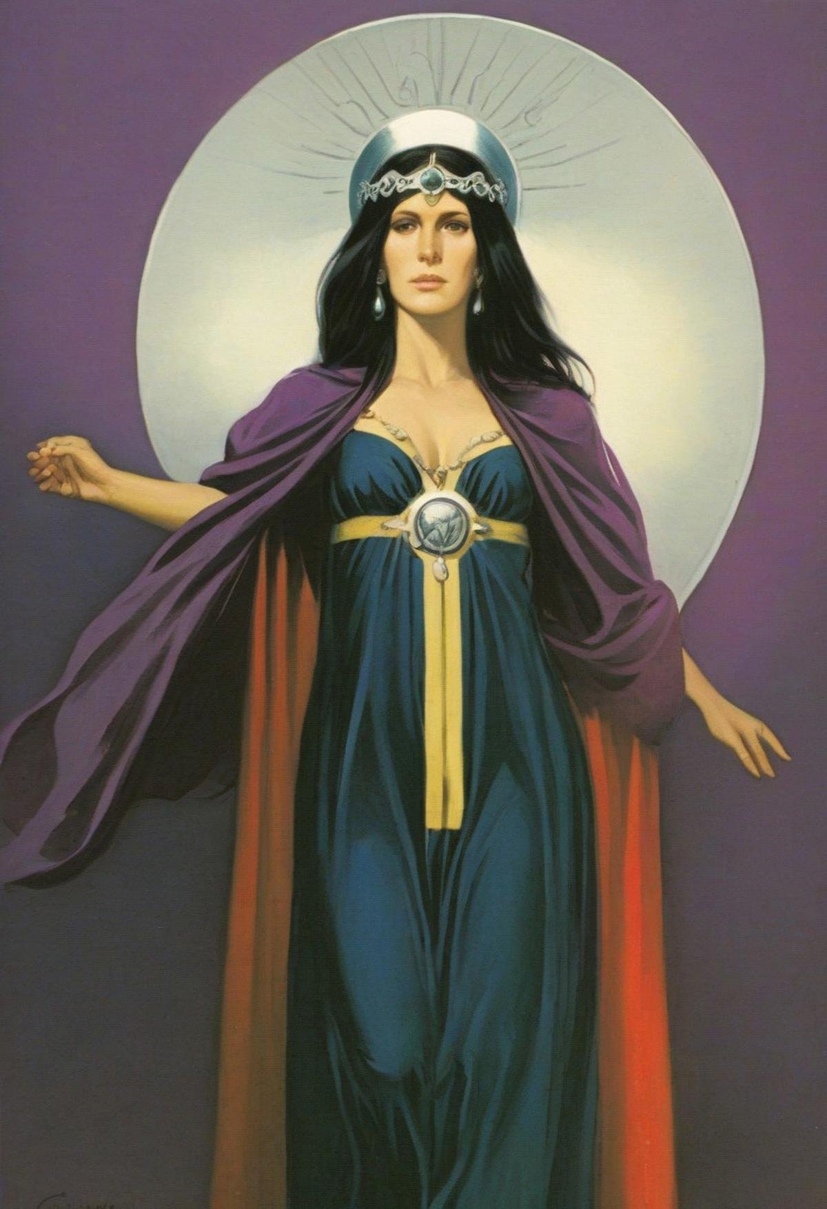 score_9_up, score_8_up, score_7_up, cabsantos, a nude woman with long black hair and a white halo on her head wearing a purple cape, and a necklace with a large silver pendant. her left arm is raised to her head, and she's holding her right hand to her head. the background features a demon with horns.