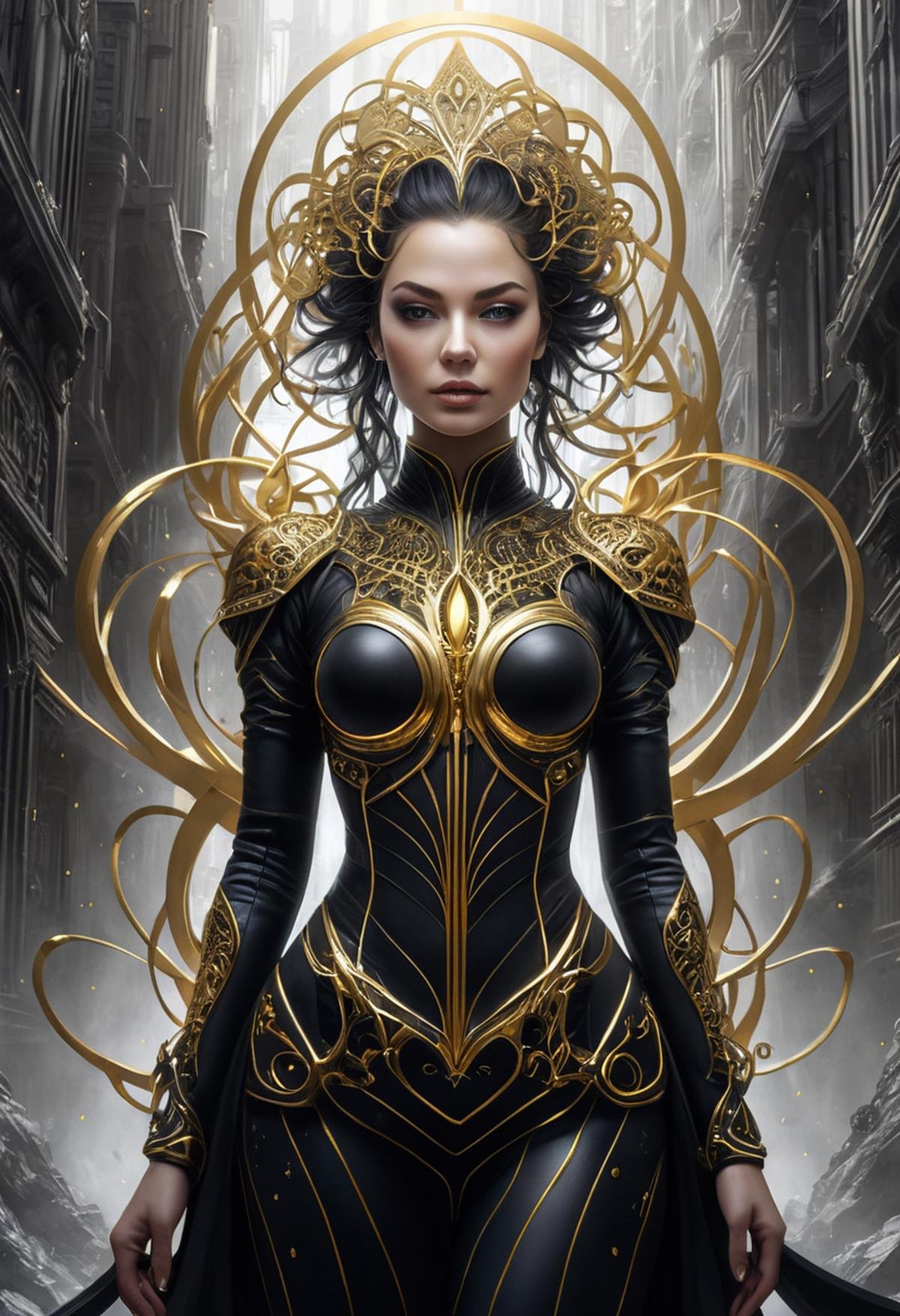 Midjourney, MJ, Midjourney style, 20 year old girl, gold and black spirit, digital art, Jean-Baptiste Monge style, bright, beautiful, splash, sparkling, cute and charming, filigree, outline highlight, lights, extremely, magic, surreal, fantasy, digital art, slap, artgerm and james gin, artstation trends, sharp focus, studio photo, intricate detail, high detail, greg rutkowski, sci-fi, intricate masterpiece of art, sinister, matte painting, movie poster, golden ratio, cgsociety trends, complex, epic, popular on artstation, by artgerm, h. R. Giger and Beksinski, highly detailed, vibrant, cinematic character rendering, super high quality model