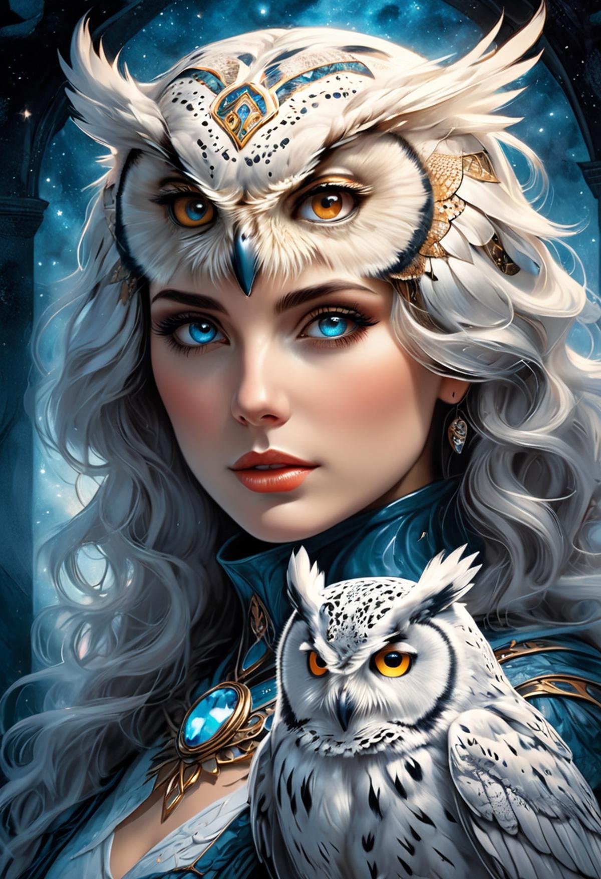 Midjourney, MJ, Midjourney style, poster, light background, close up, images of woman with owls, ethereal beauty style, porcelain, dark white and light azure, Clifford's coffin, northern revival, white and amber, wiccan