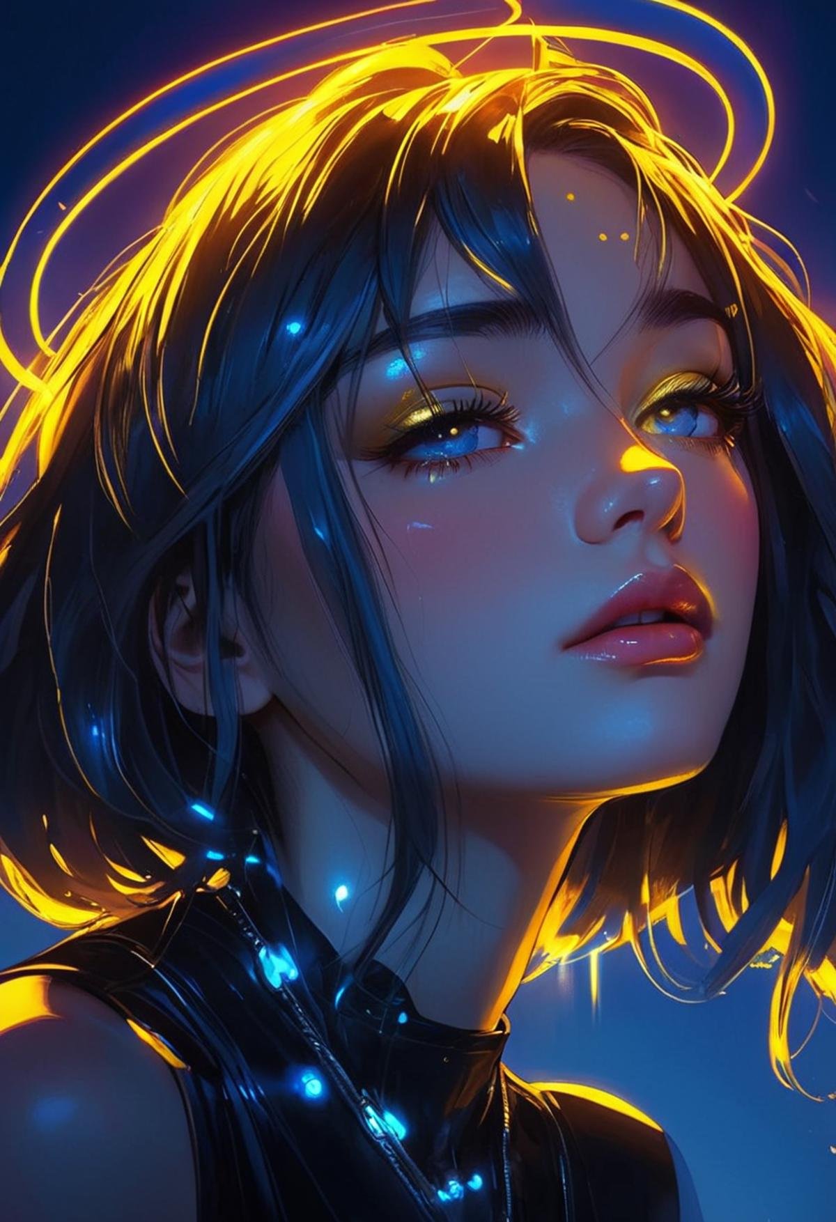 Midjourney, MJ, Midjourney style, poster, light background, close-up, manga, anime, blue and yellow lighting gradient, girl with golden halo on her head, neon realism style, dark romantic illustrations, dark white and yellow, solapunk, can't believe how beautiful it is, simple cartoon, thoughtful mood