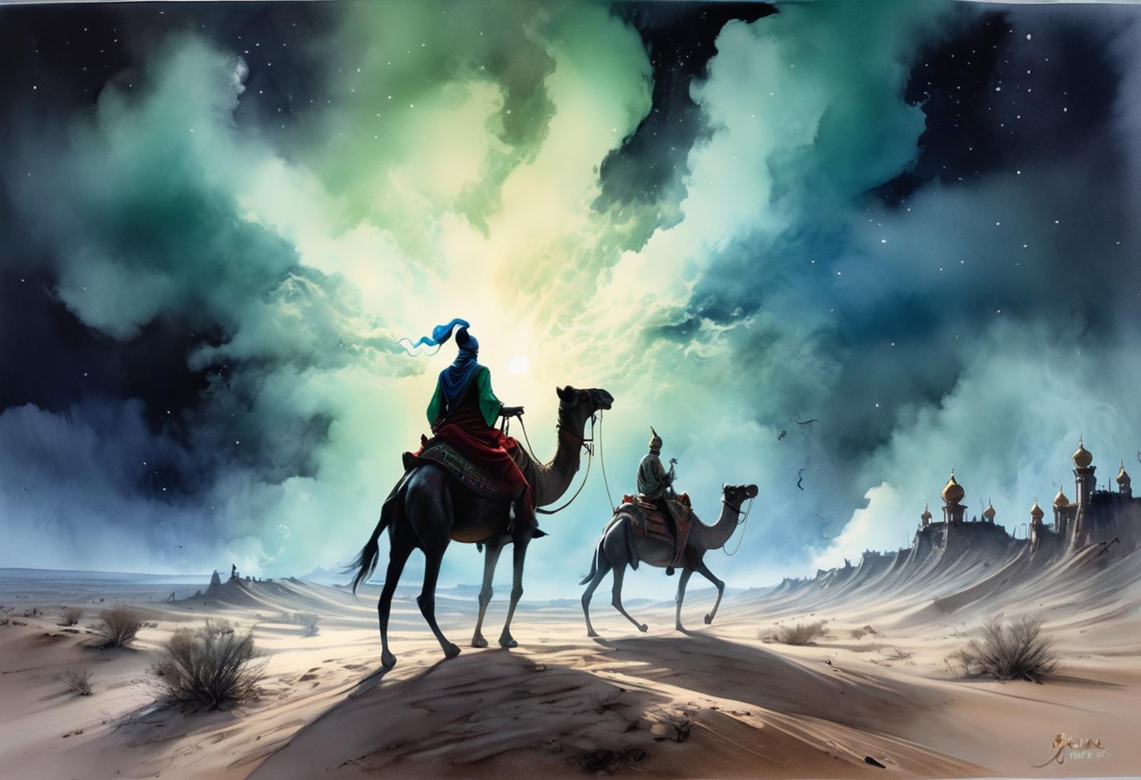 Midjourney, MJ, Midjourney style, a group of camel travelers in traditional Arabian robes survey a vast desert at night as a (((creepy genie: 1.5))) desert erupts from a sandstorm, Aladdin's lamp, green light pulsates in the sky, ethereal, spectral, gorgeous yet terrifying, the scene is captured in dimly lit dark fantasy yet vibrant colors, with thick ink lines defining the form against a watercolor wash of old paper, Art by Giovanni Boldini, Andrey Atroshenko, Tanya Shatseva, Ross Tran, Anna Razumovskaya