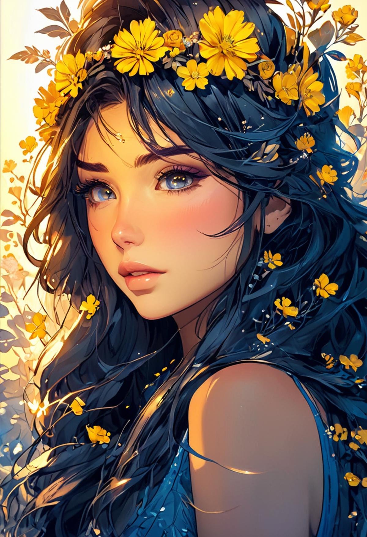 Midjourney, MJ, Midjourney style, poster, light background, close-up, manga, anime, blue and yellow gradient lighting, drawing artistic digital image of a girl with flowers in a crown, in the style of Frank Cho, Elina Karimova, Mono-ha, strong facial expression, soft lines and shapes, high resolution, fashwave, niji 5