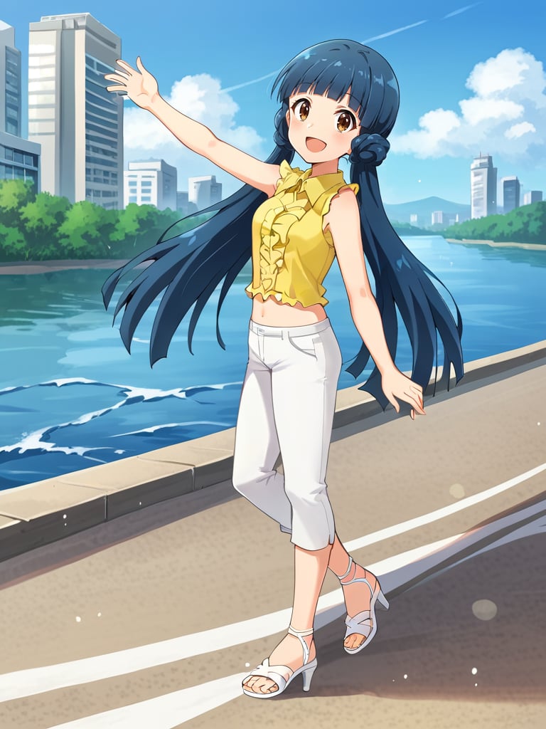 1girl, solo, reikimas, blue hair, low twintails, blunt bangs, brown eyes, yellow shirt, sleeveless, navel, white pants, white sandals, heels, outdoors, cityscape, river, standing, from side, looking at viewer, open mouth, smile 