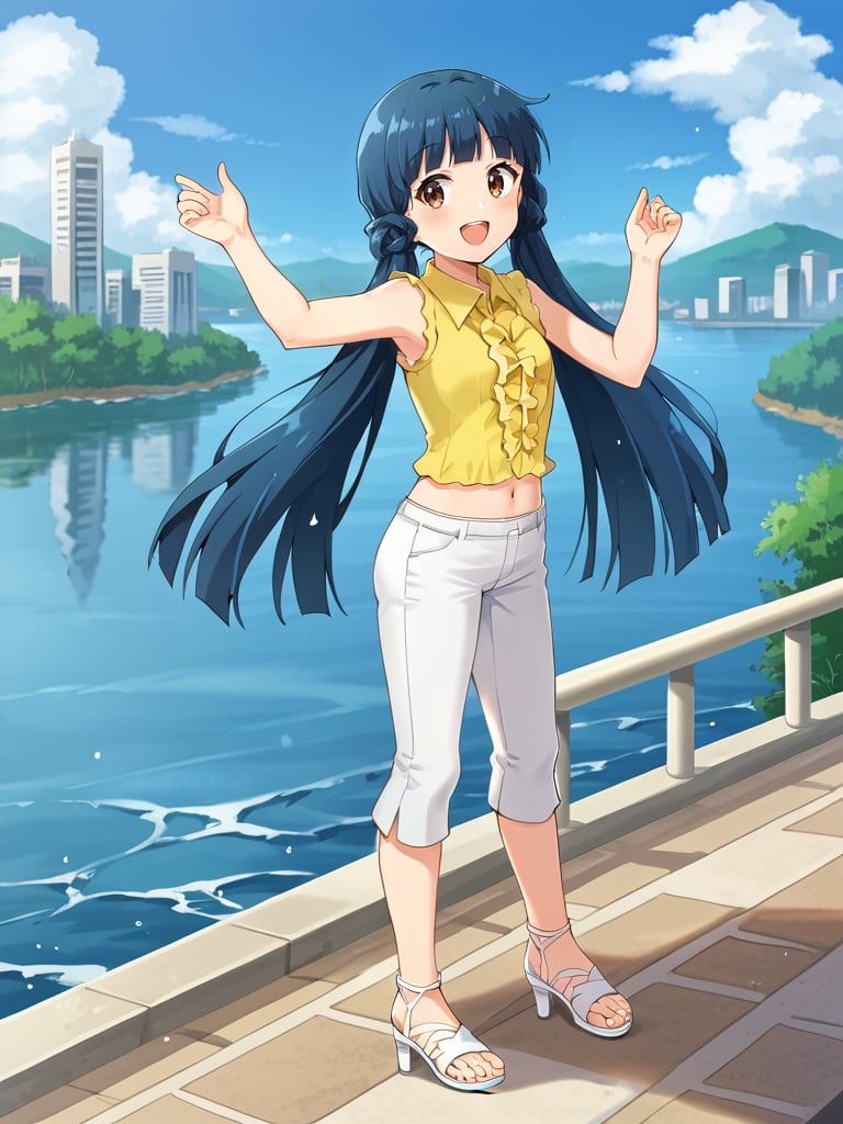 1girl, solo, reikimas, blue hair, low twintails, blunt bangs, brown eyes, yellow shirt, sleeveless, navel, white pants, white sandals, heels, outdoors, cityscape, river, standing, from side, looking at viewer, open mouth, smile 