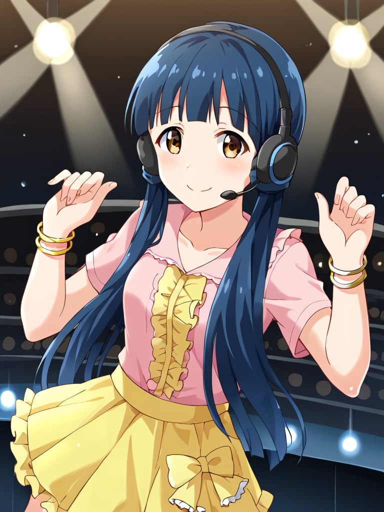 1girl, solo, reikimas, blue hair, low twintails, blunt bangs, brown eyes,pink t-shirt, frills, yellow skirt, collarbone, overskirt, headset, bracelet, idol outfit, indoors, stage, concert, show, dancing, smile, cowboy shot