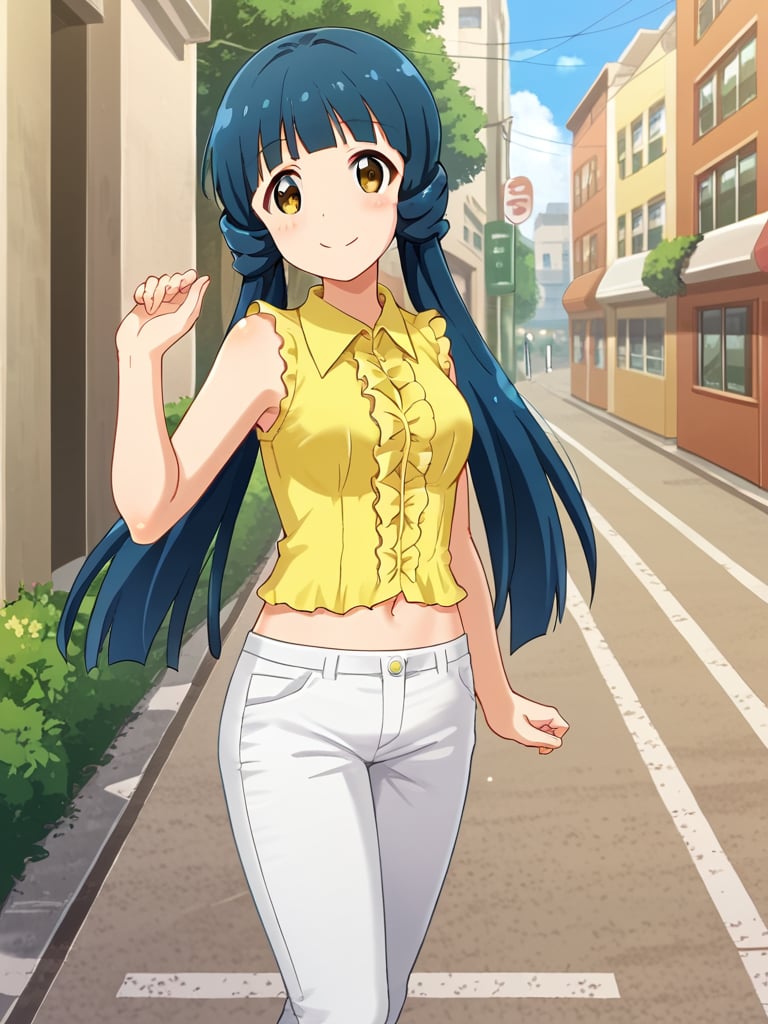 1girl, solo, reikimas, blue hair, low twintails, blunt bangs, brown eyes, yellow shirt, sleeveless, navel, white pants, outdoors, street, sidewalk, standing, smile, cowboy shot, 