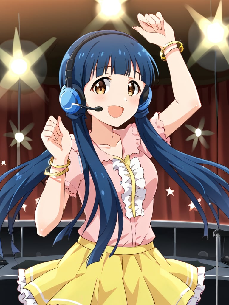 1girl, solo, reikimas, blue hair, low twintails, blunt bangs, brown eyes,pink t-shirt, frills, yellow skirt, collarbone, overskirt, headset, bracelet, idol outfit, indoors, stage, concert, show, dancing, smile, cowboy shot