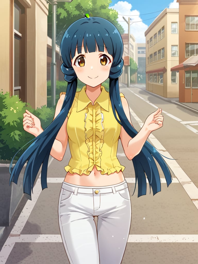 1girl, solo, reikimas, blue hair, low twintails, blunt bangs, brown eyes, yellow shirt, sleeveless, navel, white pants, outdoors, street, sidewalk, standing, smile, cowboy shot, 