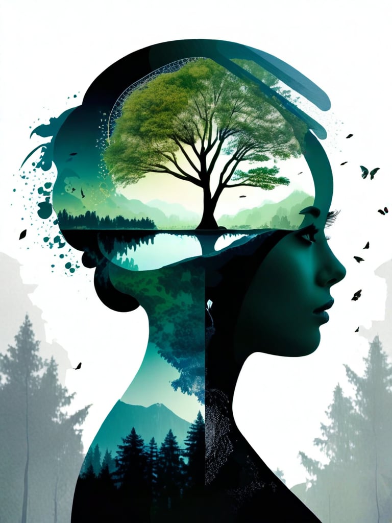 an image of a woman's face with a tree in the middle of her head and trees in the background