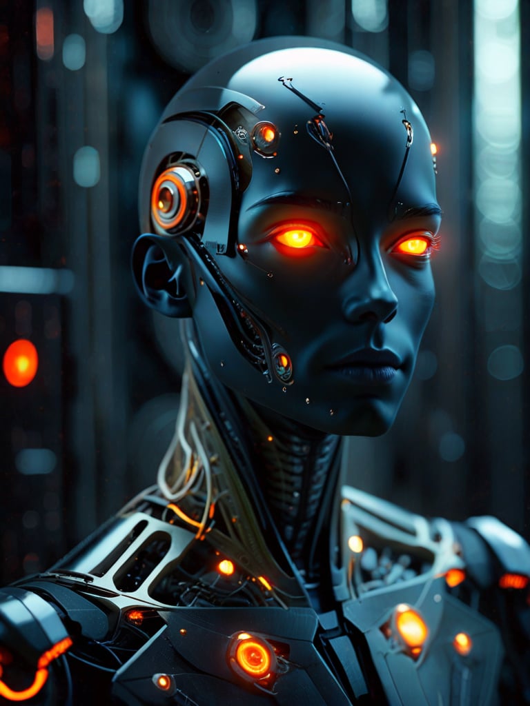 Close-up of a humanoid figure with a smooth face partially revealing intricate mechanical details beneath, glowing orange eye, and scattered sparks of light. Dark, moody background, blending human features with advanced technology