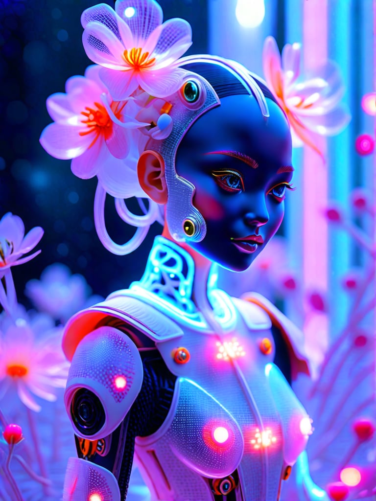 tiny neon glass filaments, Android, geisha, with robotic parts, in flowery kimono, Intricate details, 8k, cinematic, subsurface scattering