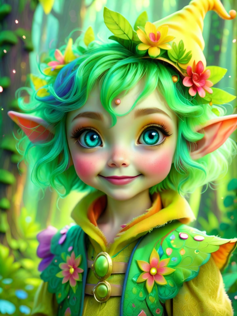 A detailed, whimsical portrait of a small elf-like character with large, expressive blue eyes, short curly green hair, and rosy cheeks. The character wears a vibrant outfit with a yellow hat adorned with colorful flowers, a ruffled collar, and a green and orange vest with intricate patterns. The background is softly blurred, giving a magical, forest-like atmosphere.