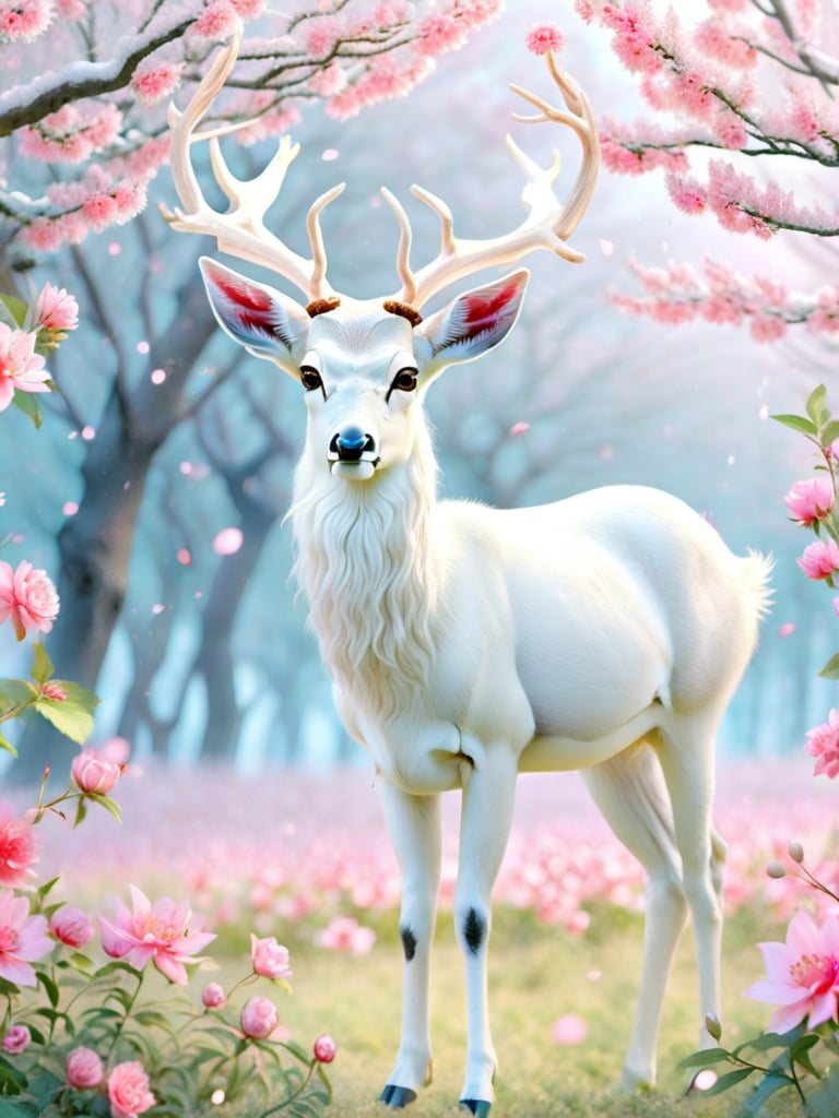 a white deer standing in a field with pink flowers on the branches of its antlers, full body, horns, no humans, animal, realistic, antlers, animal focus, deer