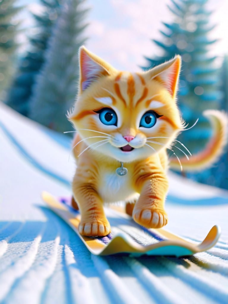 an image of an orange cat riding a snowboard on a snow covered hill with trees in the background, looking at viewer, blue eyes, full body, outdoors, sky, day, blurry, tree, no humans, blurry background, depth of field, cat, snow, realistic, animal focus
