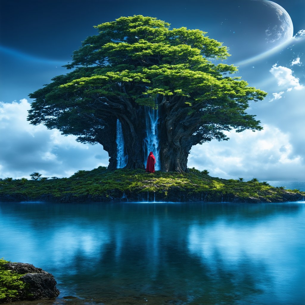 a majestic floating island with a colossal tree at its center, waterfalls cascading down into a mirror-like water surface, lush green foliage, detailed tree bark with glowing blue veins, serene sky with fluffy white clouds, distant planets visible in the sky, intricate vegetation, depth of field, volumetric lighting, high dynamic range, sense of wonder and tranquility, extremely detailed background with layers of clouds, reflections in the water, glowing aura around the tree, magical and enchanting atmosphere, small red-robed figure on the island, peaceful and awe-inspiring scene