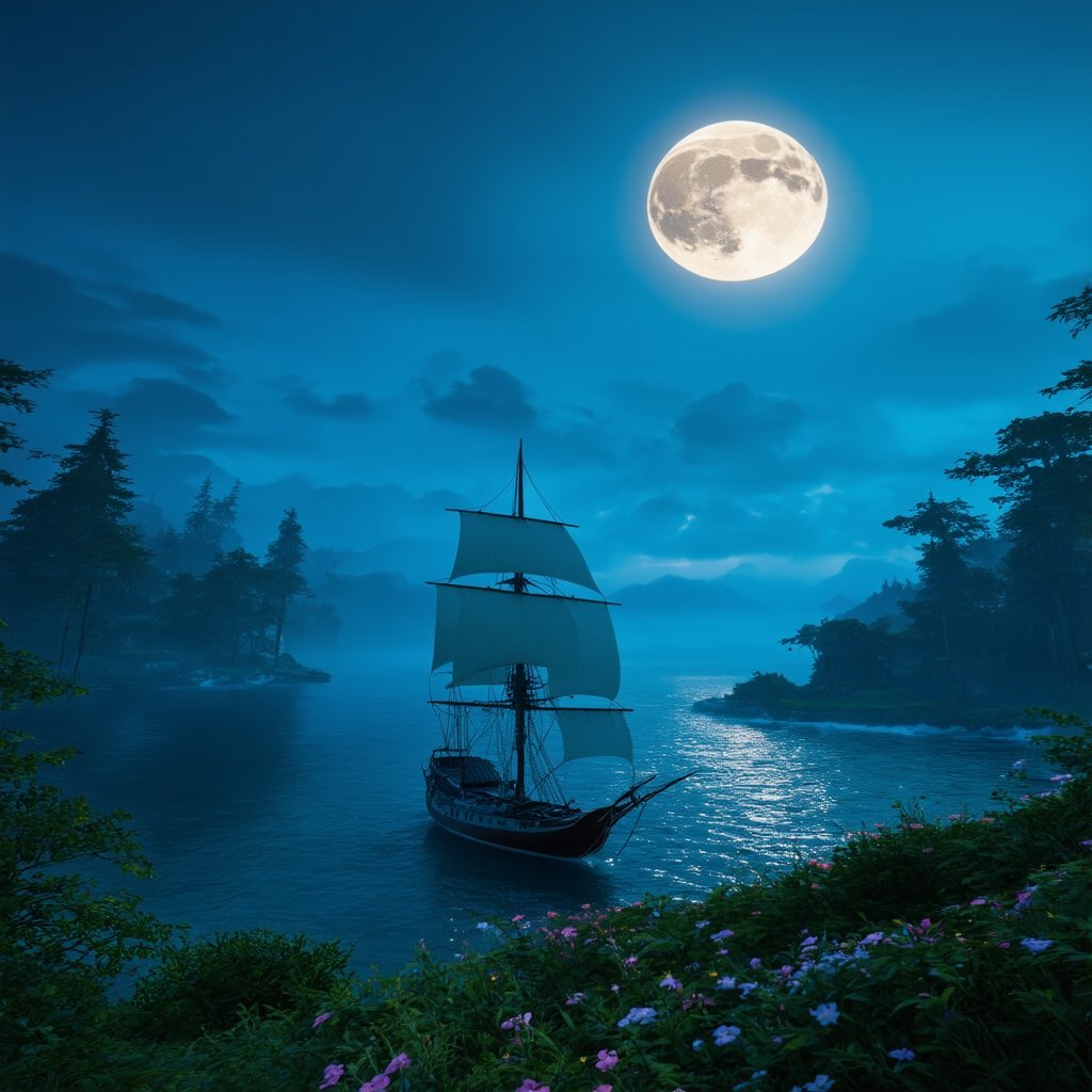 In a dreamy, surreal Unreal Engine 5 scene, a majestic arafed sailboat glides effortlessly across the tranquil ocean, under the soft glow of a full moon suspended in the dark blue sky. The fantasy forest landscape unfolds like a tapestry, with lush greenery and vibrant flowers swaying gently in the breeze. In the distance, the cinematic Silk Road landscape stretches out, its ancient architecture and mystical energy radiating an otherworldly aura. Trending on CGSociety, this breathtaking 4K image is perfect for an iPhone background or Skyrim mod, transporting viewers to a world of wonder and magic.