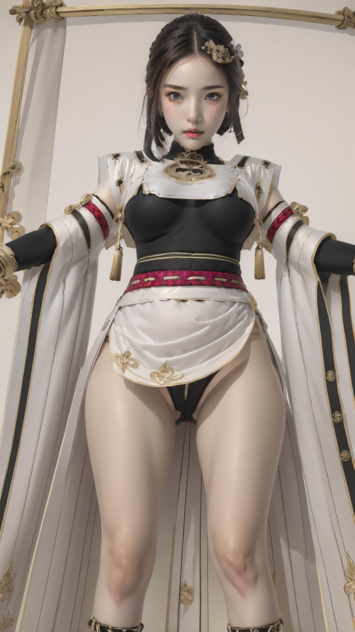 masterpiece,(bestquality),ultra-detailed,1girl,solo,accessories,jewelry,Kujou Sara outfit,<lora:ntmix1:0.7>,<lora:Kujou Sara outfit:0.8>,underboob,nude bottom,pussy,no panties,dress lift,