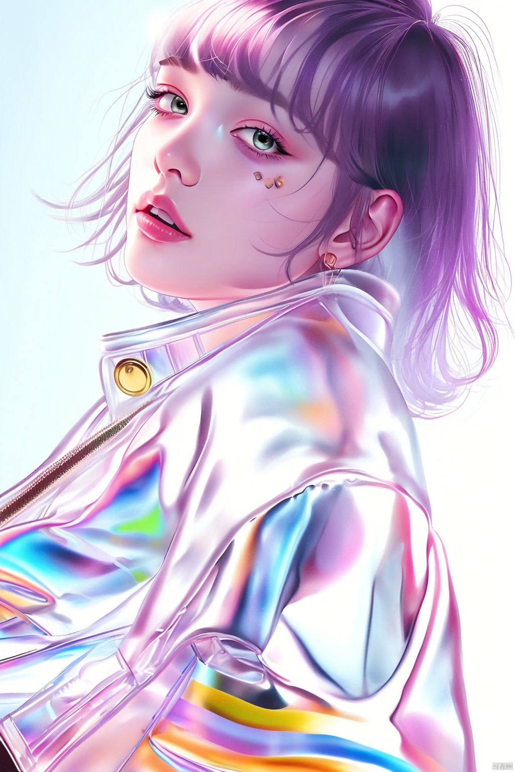 Best quality,masterpiece,transparent color PVC clothing,transparent color vinyl clothing,prismatic,holographic,chromatic aberration,fashion illustration,masterpiece,girl with harajuku fashion,looking at viewer,8k,ultra detailed,pixiv,