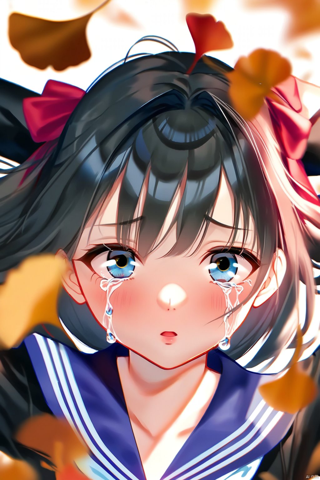 (masterpiece),(best quality),illustration,ultra detailed,hdr,Depth of field,(colorful),1girl,solo,school uniform,skirt,scarf,lying,serafuku,on back,long sleeves,autumn,blue skirt,looking at viewer,sailor collar,bow,brown eyes,long hair,tears,autumn leaves,bangs,blue sailor collar,shirt,parted lips,pleated skirt,white shirt,envelope,ahoge,blurry,red scarf,black hair,crying,leaf,letter,crying with eyes open,yellow bow,outdoors,brown hair,bowtie,ginkgo leaf,from above,tearing up,blush,

