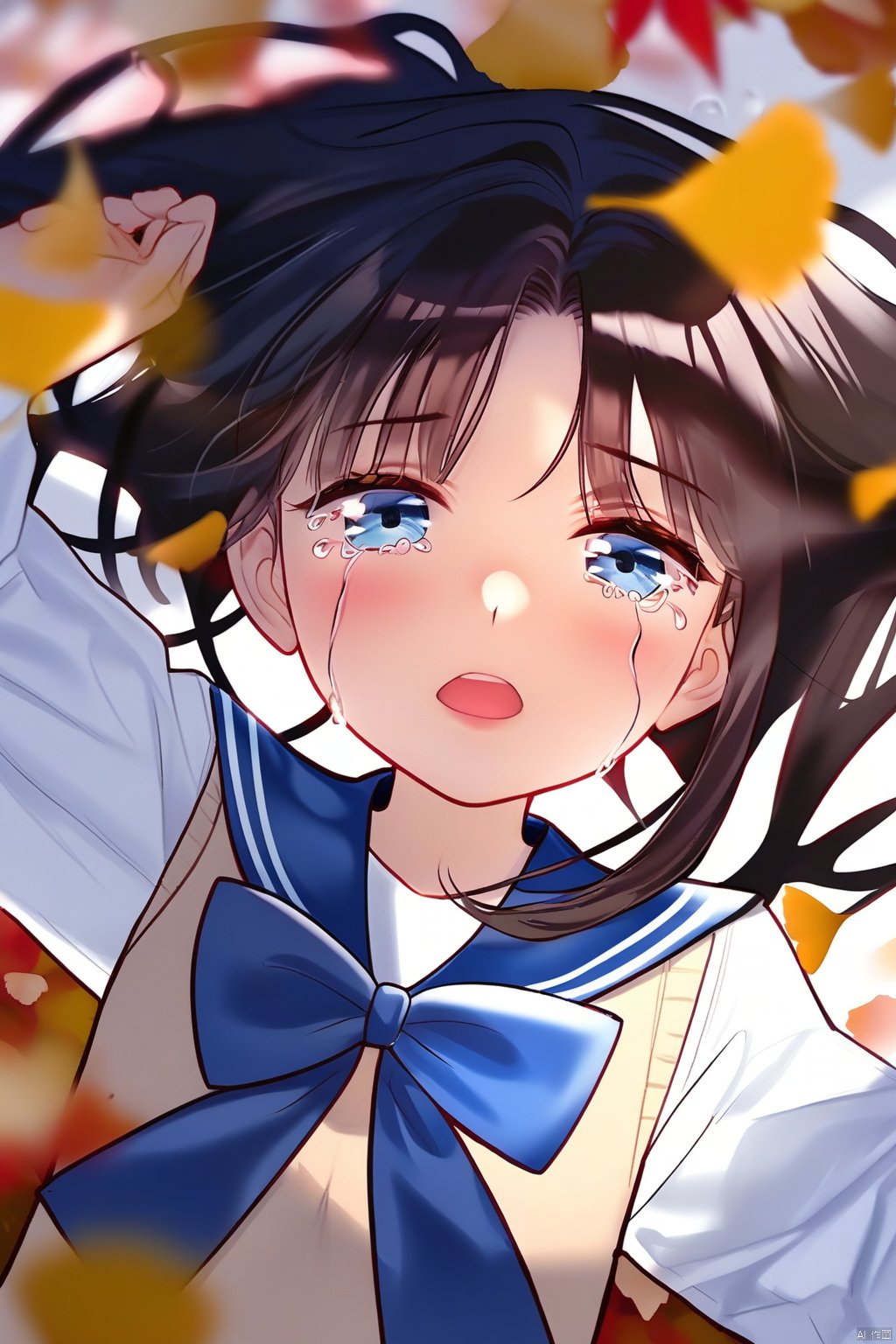 (masterpiece),(best quality),illustration,ultra detailed,hdr,Depth of field,(colorful),1girl,solo,school uniform,skirt,scarf,lying,serafuku,on back,long sleeves,autumn,blue skirt,looking at viewer,sailor collar,bow,brown eyes,long hair,tears,autumn leaves,bangs,blue sailor collar,shirt,parted lips,pleated skirt,white shirt,envelope,ahoge,blurry,red scarf,black hair,crying,leaf,letter,crying with eyes open,yellow bow,outdoors,brown hair,bowtie,ginkgo leaf,from above,tearing up,blush,

