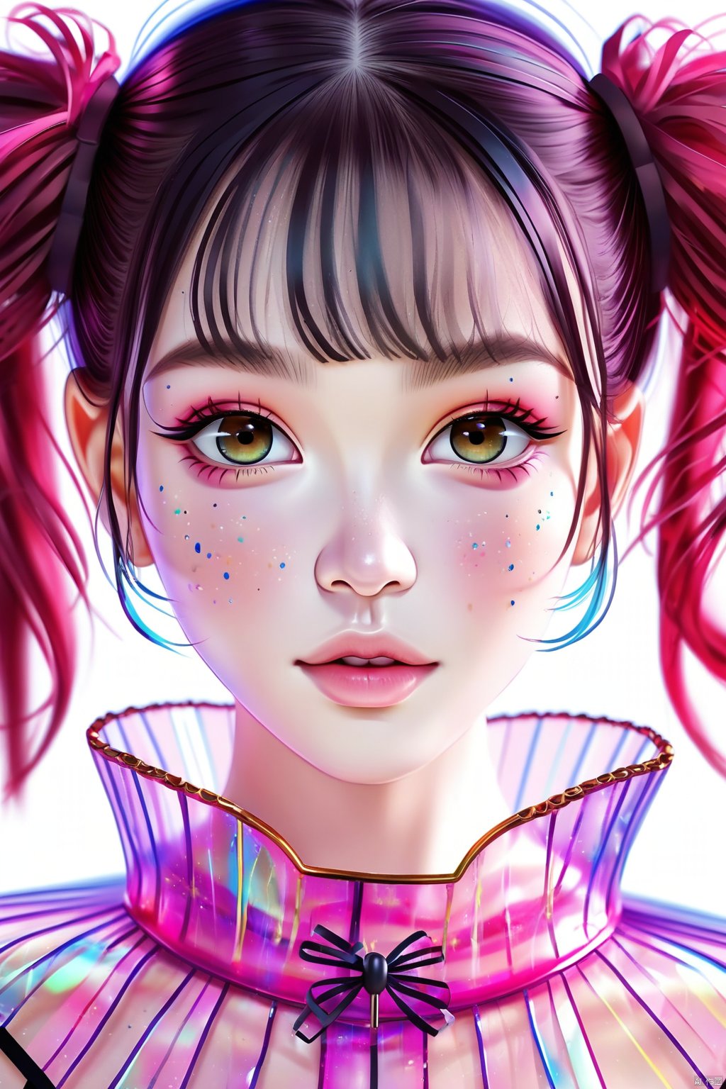 Best quality,masterpiece,transparent color PVC clothing,transparent color vinyl clothing,prismatic,holographic,chromatic aberration,fashion illustration,masterpiece,girl with harajuku fashion,looking at viewer,8k,ultra detailed,pixiv,