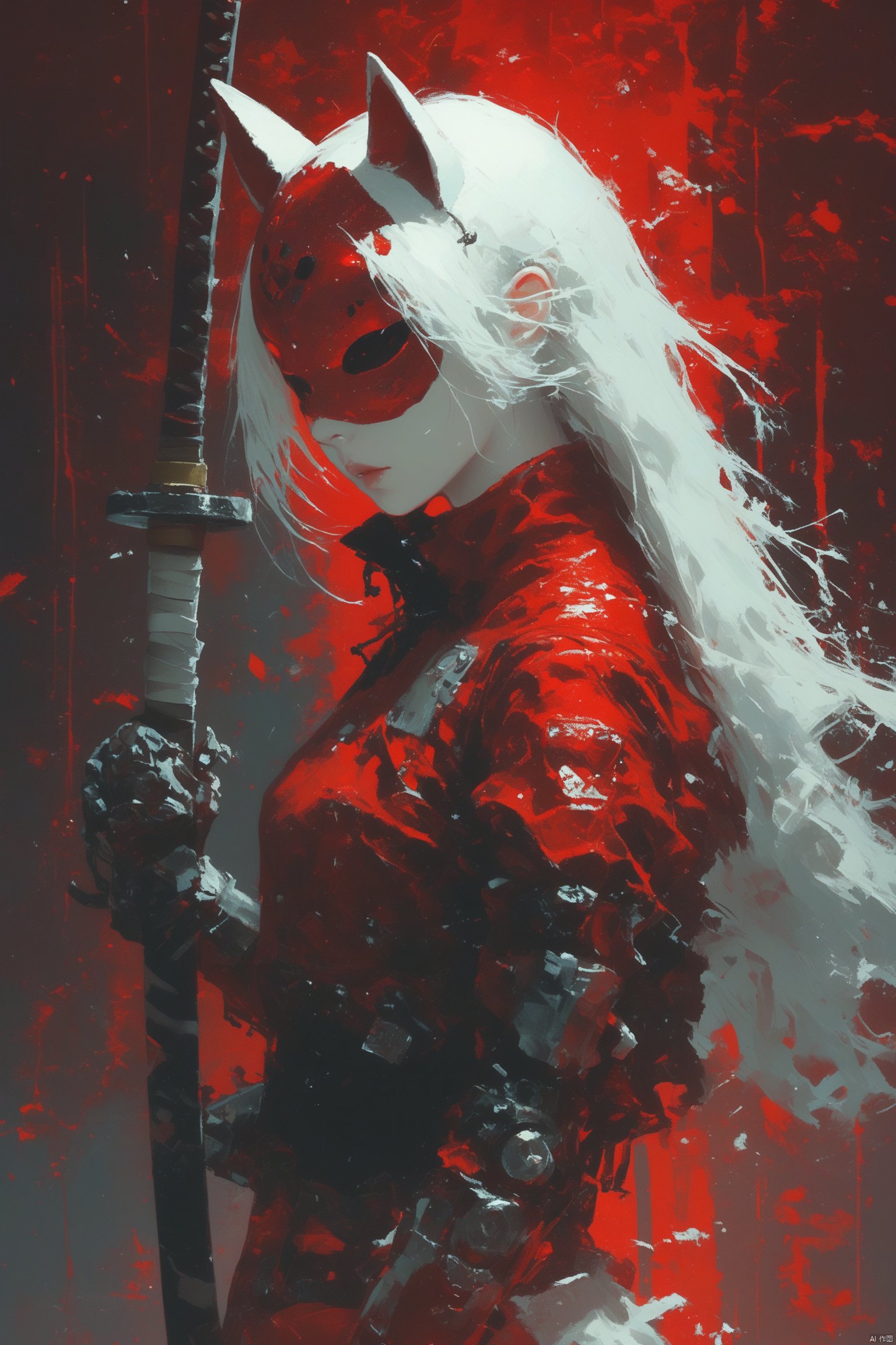 荧光艺术,Soul Destroyer, Hannya, a female cyborg with white long hair wearing red and black jacket wearing Hannya mask holding a katana in her hands, red background, highly detailed, ultra-high resolutions, 32K UHD, best quality, masterpiece,Melting,Q,torino