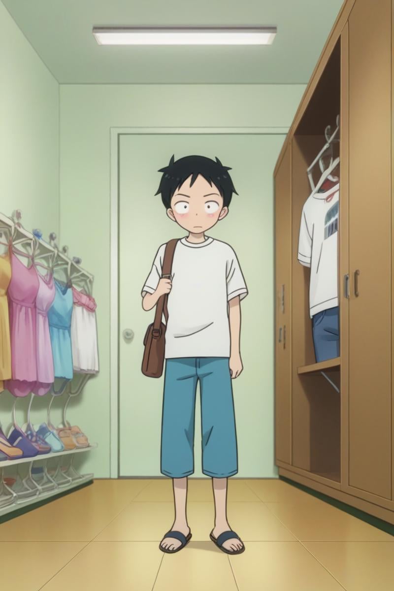 score_9, score_8_up, score_7_up, score_6_up, masterpiece, best quality, amazing quality, best aesthetic, absurdres, intricate details,nishikata, black hair, black eyes, male focus, 1boy, solo, shirt, bag, sandals, white shirt, blush, clothes hanger, pants, indoors, short hair, shoulder bag, shorts, t-shirt<lora:EMS-451815-EMS:1.000000>