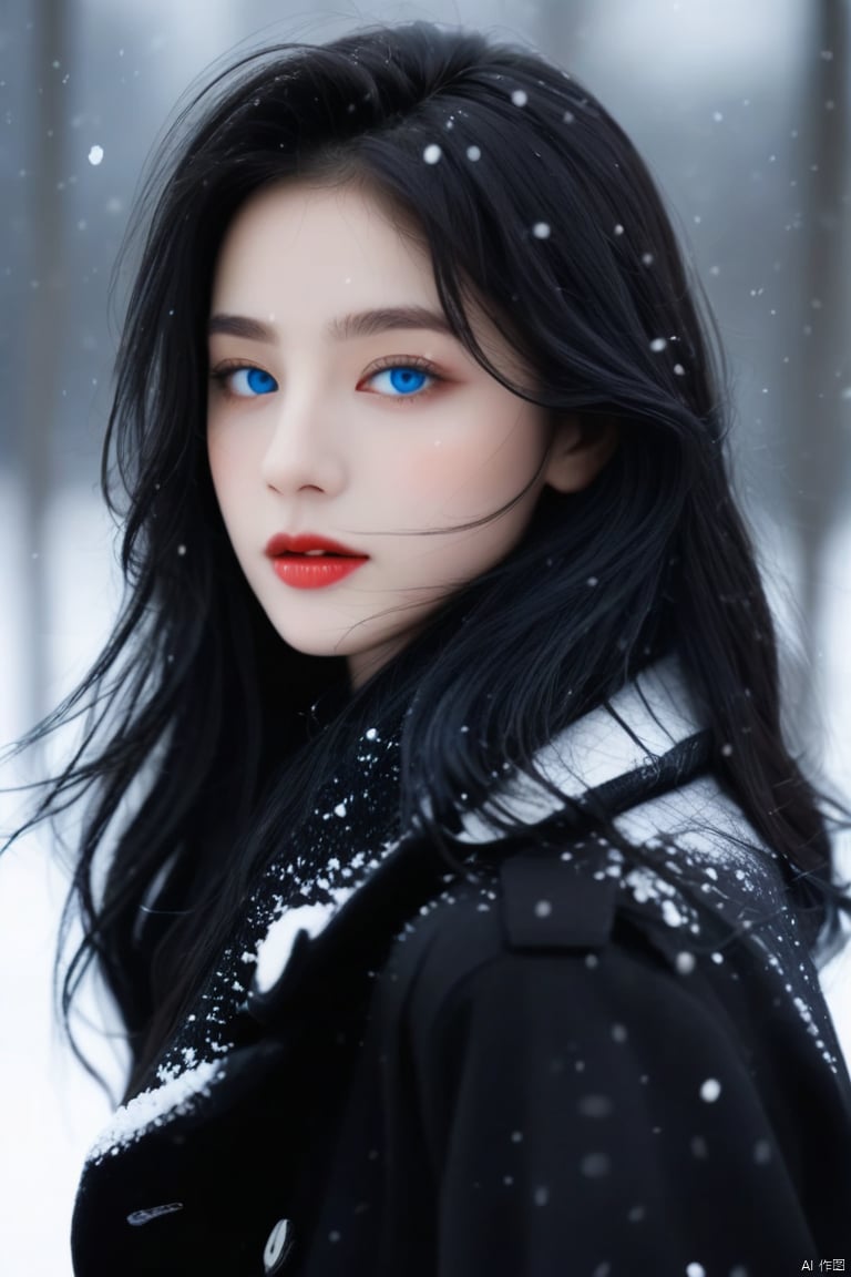 1girl, solo, black hair, looking at viewer, outdoors, blurry, snow, messy hair, parted lips, realistic, coat, blurry background, long hair, wind, lips, upper body, blue eyes, snowing, day, from side, black coat, depth of field,