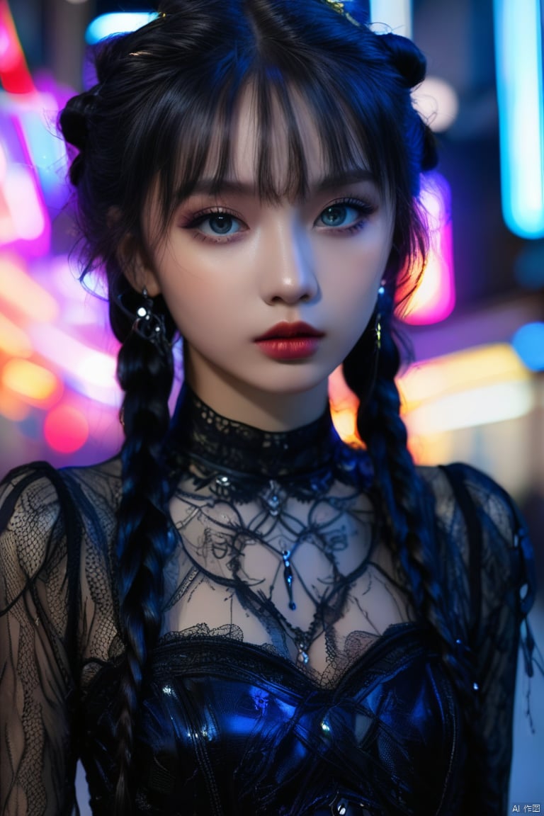 from below, best quality, 32k, RAW photo, incredibly absurdres, extremely detailed, delicate texture, beautiful lady, cold condescending gaze, wearing black gothic-loli-fashion, glossy iridescent braided hair, perfect body line, professional lighting