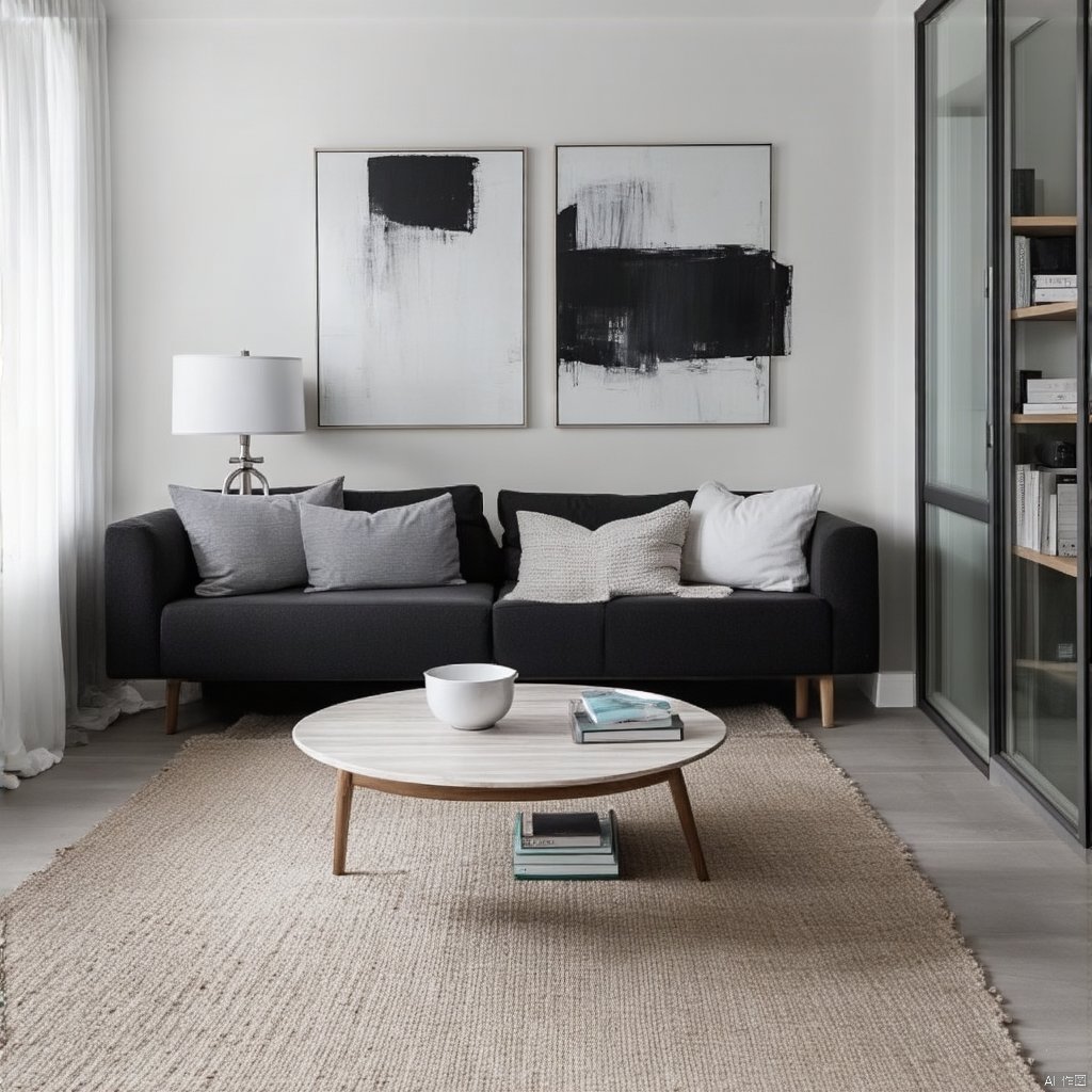 simple style,interior design,This is a modern minimalist style living room picture. There is a black sofa in the living room with several pillows on it. There is a white tea table next to the sofa. There is a lamp and several books on the tea table. There is a black and white abstract painting on the wall. The living room is adjacent to another space,separated by a glass door,and you can see the sink,toilet and other facilities inside. The color of the whole room is mainly white and gray,giving people a simple and comfortable feeling