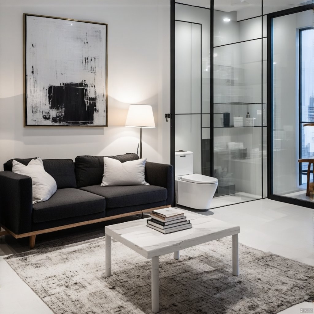 simple style,interior design,This is a modern minimalist style living room picture. There is a black sofa in the living room with several pillows on it. There is a white tea table next to the sofa. There is a lamp and several books on the tea table. There is a black and white abstract painting on the wall. The living room is adjacent to another space,separated by a glass door,and you can see the sink,toilet and other facilities inside. The color of the whole room is mainly white and gray,giving people a simple and comfortable feeling