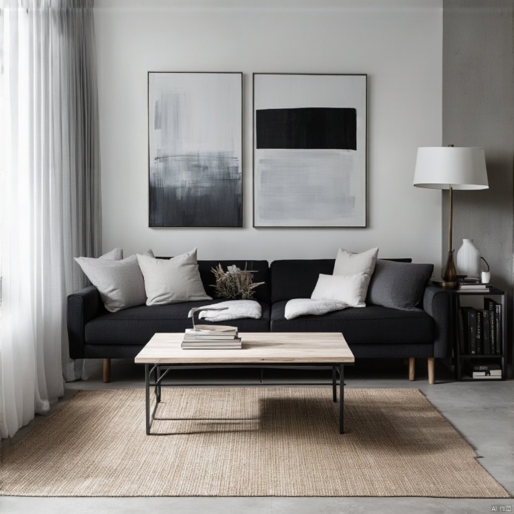 simple style,interior design,This is a modern minimalist style living room picture. There is a black sofa in the living room with several pillows on it. There is a white tea table next to the sofa. There is a lamp and several books on the tea table. There is a black and white abstract painting on the wall. The living room is adjacent to another space,separated by a glass door,and you can see the sink,toilet and other facilities inside. The color of the whole room is mainly white and gray,giving people a simple and comfortable feeling