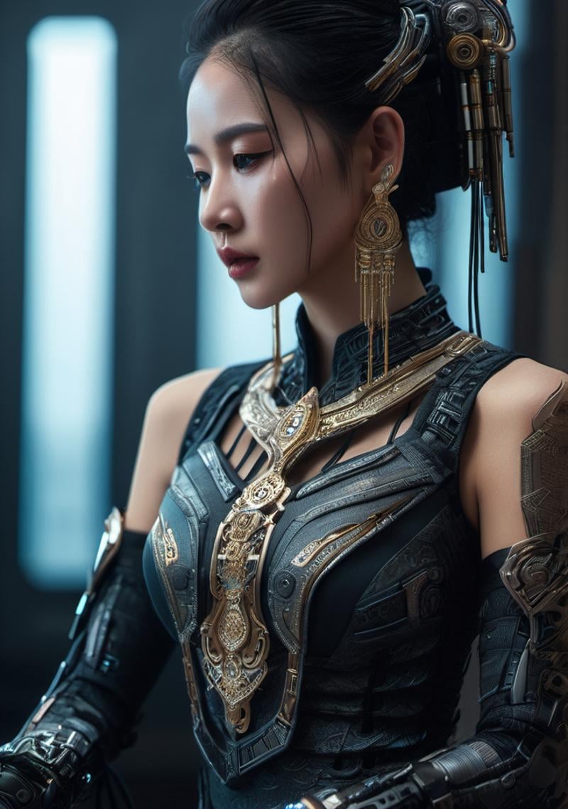 <lora:Stairway_to_liberation:0.8>,cyberpunk, dark angle, realistic, thai dress, beautiful movement, highly detailed skin, skin pores,