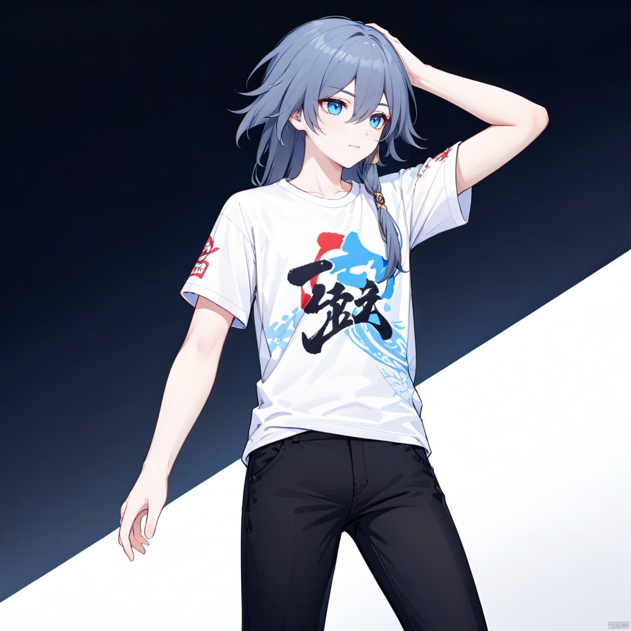 t-shirt,blue_eyes,hair_between_eyes,fu hua,white_shirt,(black pants),black legwear,fu hua,logo on t-shirt,logo on shirt,pattern on t-shirt,pattern on shirt,hair between eyes,,ifhua