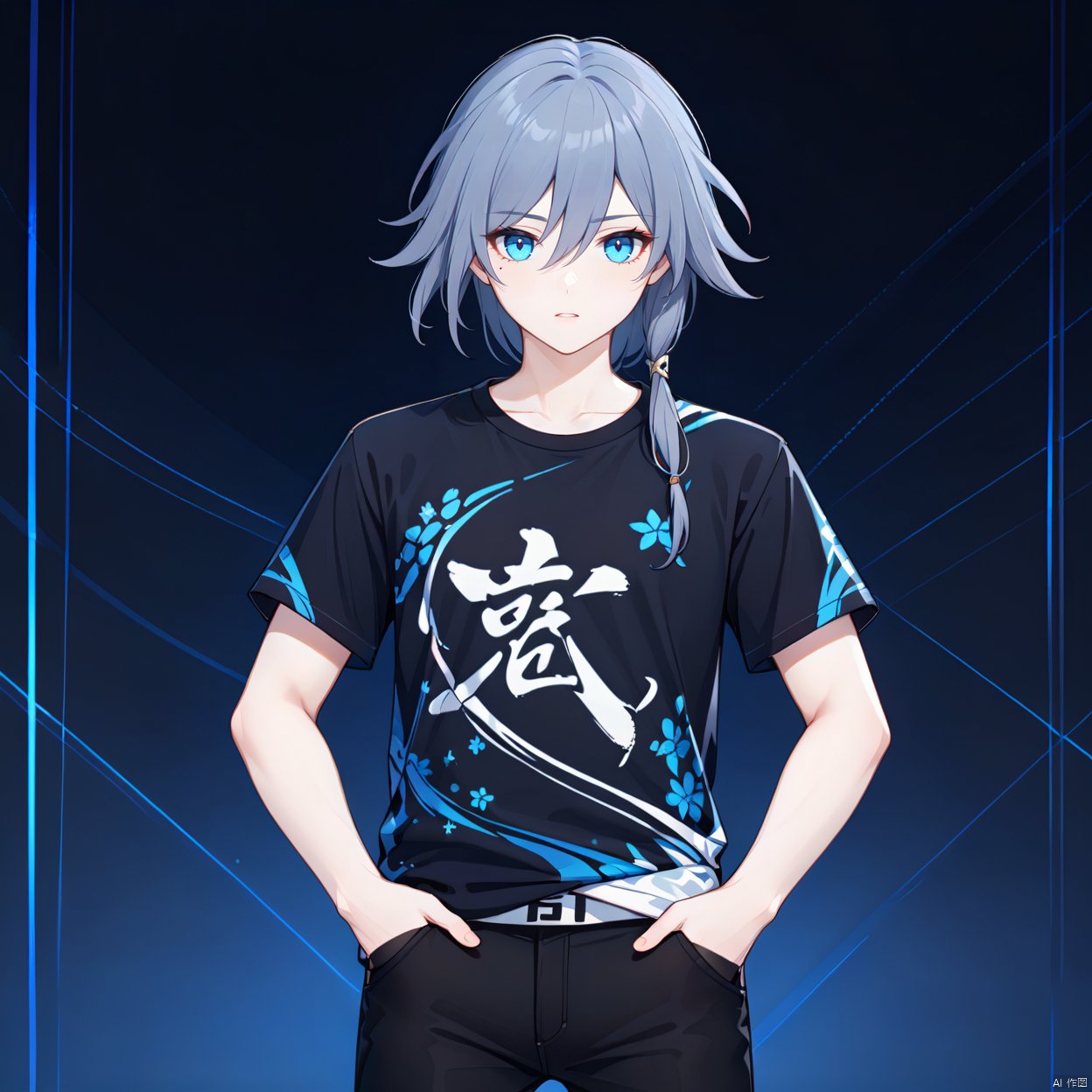 t-shirt,blue_eyes,hair_between_eyes,fu hua,white_shirt,(black pants),black legwear,fu hua,logo on t-shirt,logo on shirt,pattern on t-shirt,pattern on shirt,hair between eyes,,ifhua