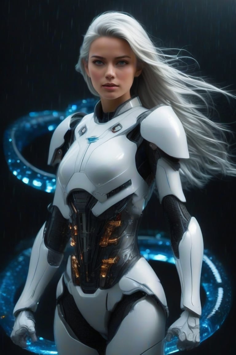 masterpiece, best quality, realistic, 1girl, solo, looking at viewer, white hair, standing, cowboy shot, armor, black background, FuturEvoLabMecha, 