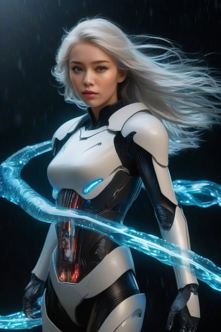 masterpiece, best quality, realistic, 1girl, solo, looking at viewer, white hair, standing, cowboy shot, armor, black background, FuturEvoLabMecha, 