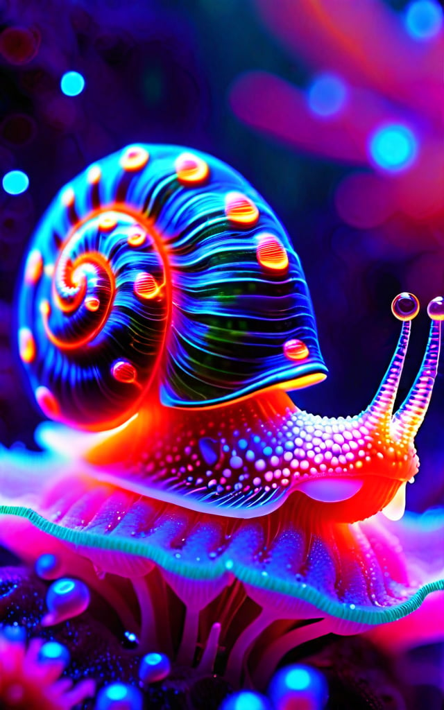 Hyper-realistic UV-reactive snail with a bioluminescent shell in vibrant purples and blues, covered in neon orange and green dots. Translucent tentacles shimmer with iridescent pinks and purples. Eyes on stalks emit a soft golden glow. The snail leaves a glowing slime trail on purple-hued coral. Dark background with floating bioluminescent particles, ultra-detailed macro photography, deep-sea alien atmosphere.