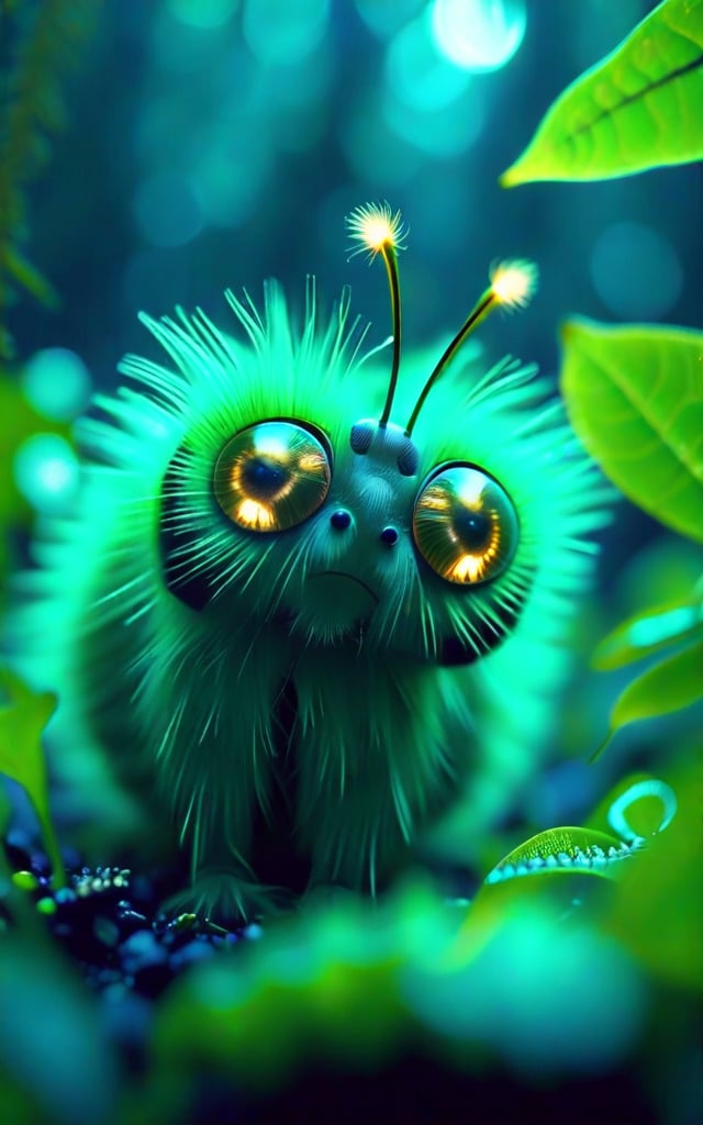 Macro shot of a whimsical furry green creature with large golden eyes, resembling a fluffy caterpillar. Perched on a dark green leaf in a mysterious forest with bioluminescent particles, the scene features soft, ethereal lighting and hyper-detailed textures. The dark teal and forest green tones contrast with the creature's bright green fur, focusing on its curious expression.