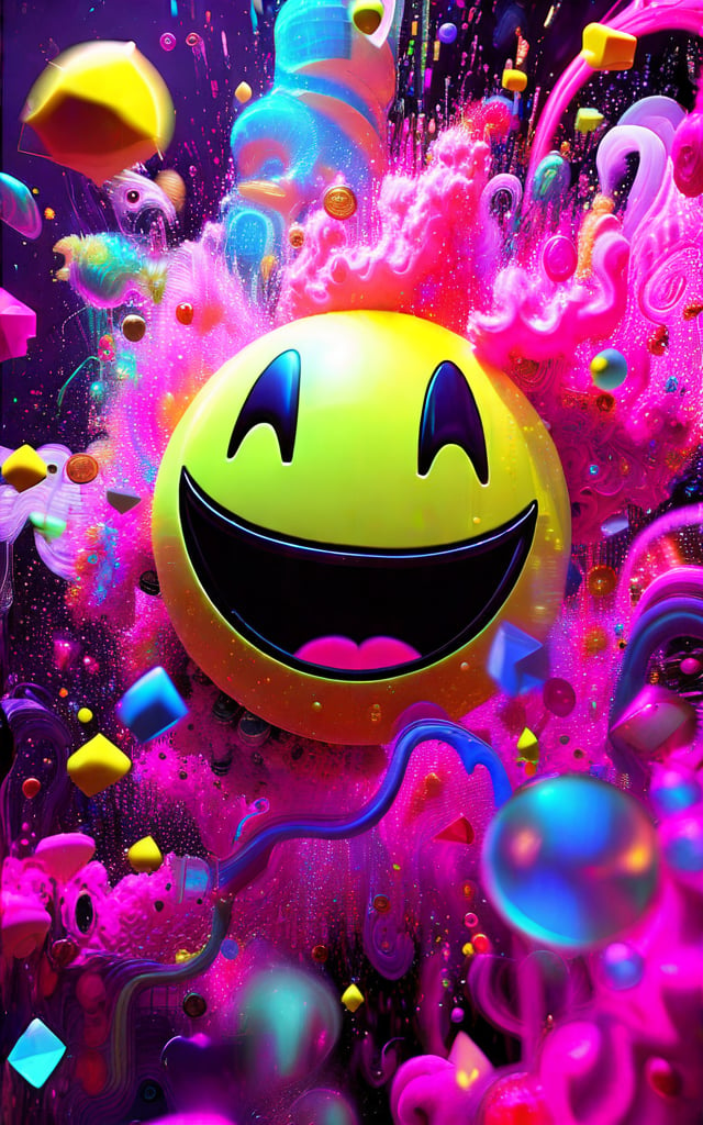 Surreal explosion of vibrant colors centered around a cosmic smiley face. Swirling neon hues—electric blue, fuchsia, yellow, and purple—create a psychedelic backdrop. The smiley face, with black void eyes, emerges from a chaotic mix of billowing clouds, crystalline shards, and liquid splashes. Glowing particles and geometric confetti add dynamic motion, evoking joyful chaos and a dreamlike contrast between simplicity and complexity.