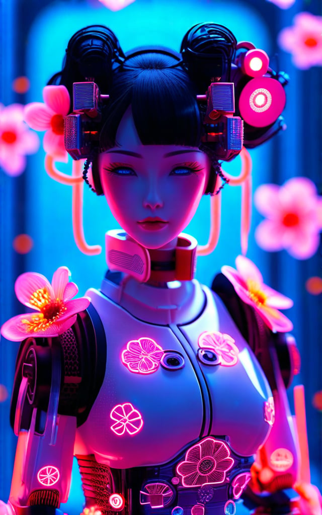 tiny neon glass filaments, Android, geisha, with robotic parts, in flowery kimono, Intricate details, 8k, cinematic, subsurface scattering
