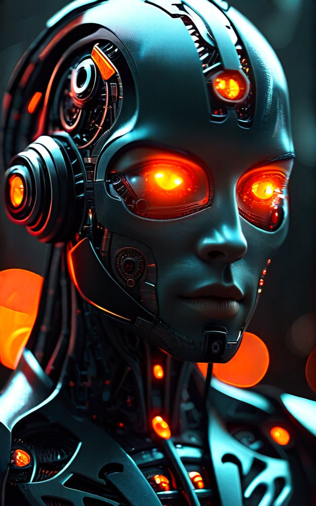 Close-up of a humanoid figure with a smooth face partially revealing intricate mechanical details beneath, glowing orange eye, and scattered sparks of light. Dark, moody background, blending human features with advanced technology