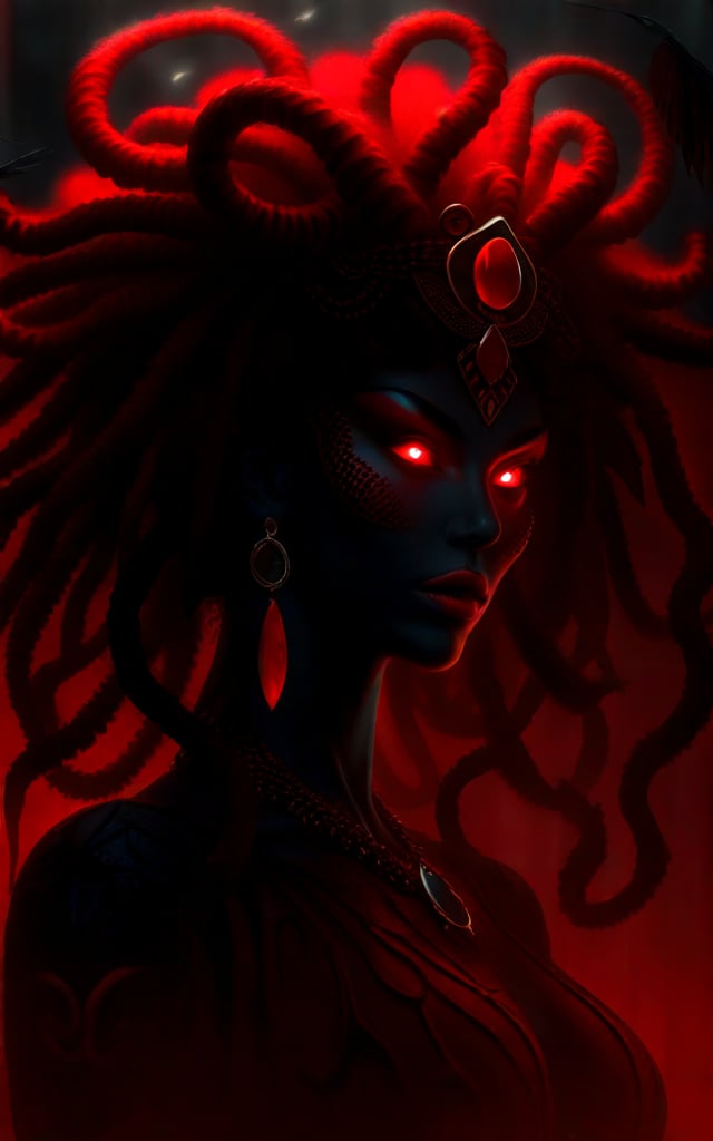 Antagonist Medusa with gems of mist mad gaze, dark deception, cinematic in Greg Rutkowski style, horrific , Trending on Artstation, Red and Black