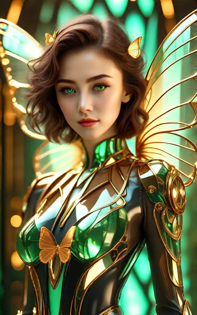 (best quality, 8K, highres, masterpiece), ultra-detailed portrait of a stunning cyborg woman with brown hair and sharp green eyes, adorned with gold butterfly filigree accents. Translucent fairy wings extend from her back, surrounded by a shattered glass motif, blending beauty with technology.