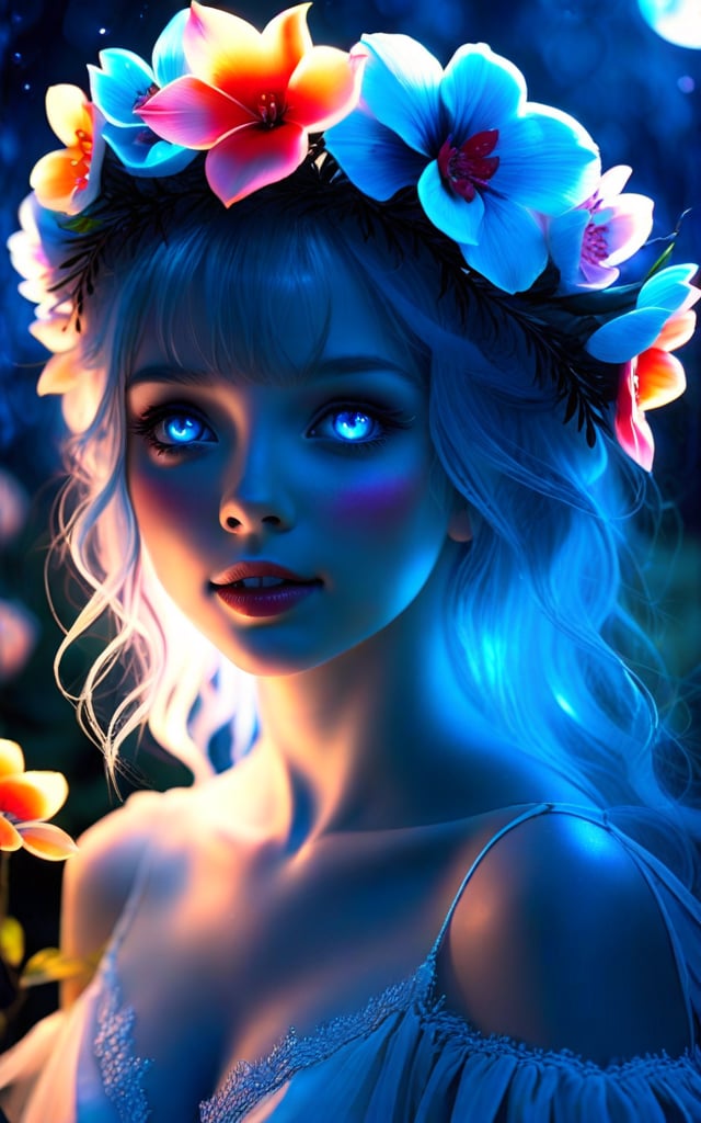 (best quality, 8K, highres, masterpiece), ultra-detailed 1girl with a flower crown and icy blue eyes in a moonlit garden. Dark shadows and glowing elements create a contrast between light and dark, enhancing the ethereal atmosphere. Bright colors and vivid lighting add a sense of magic and enchantment.